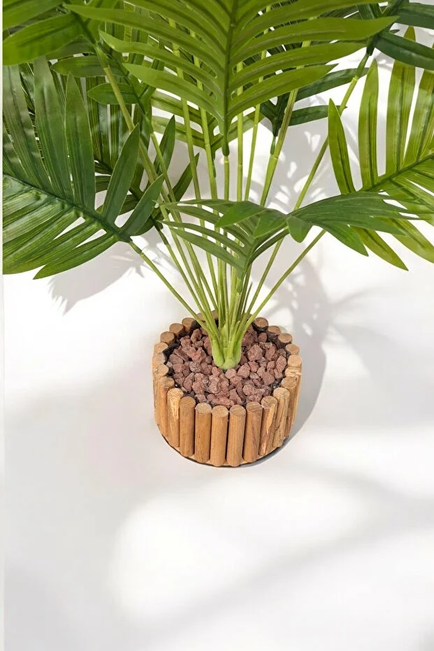 Palmiye - Yapay Palmiye - LEDLİ - Yapay Çiçek - Ahşap Saksılı 1.1 metre